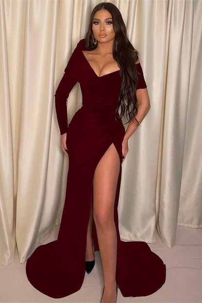 Black  Long Sleeves Prom Dress With Mermaid Split Off-The-Shoulder