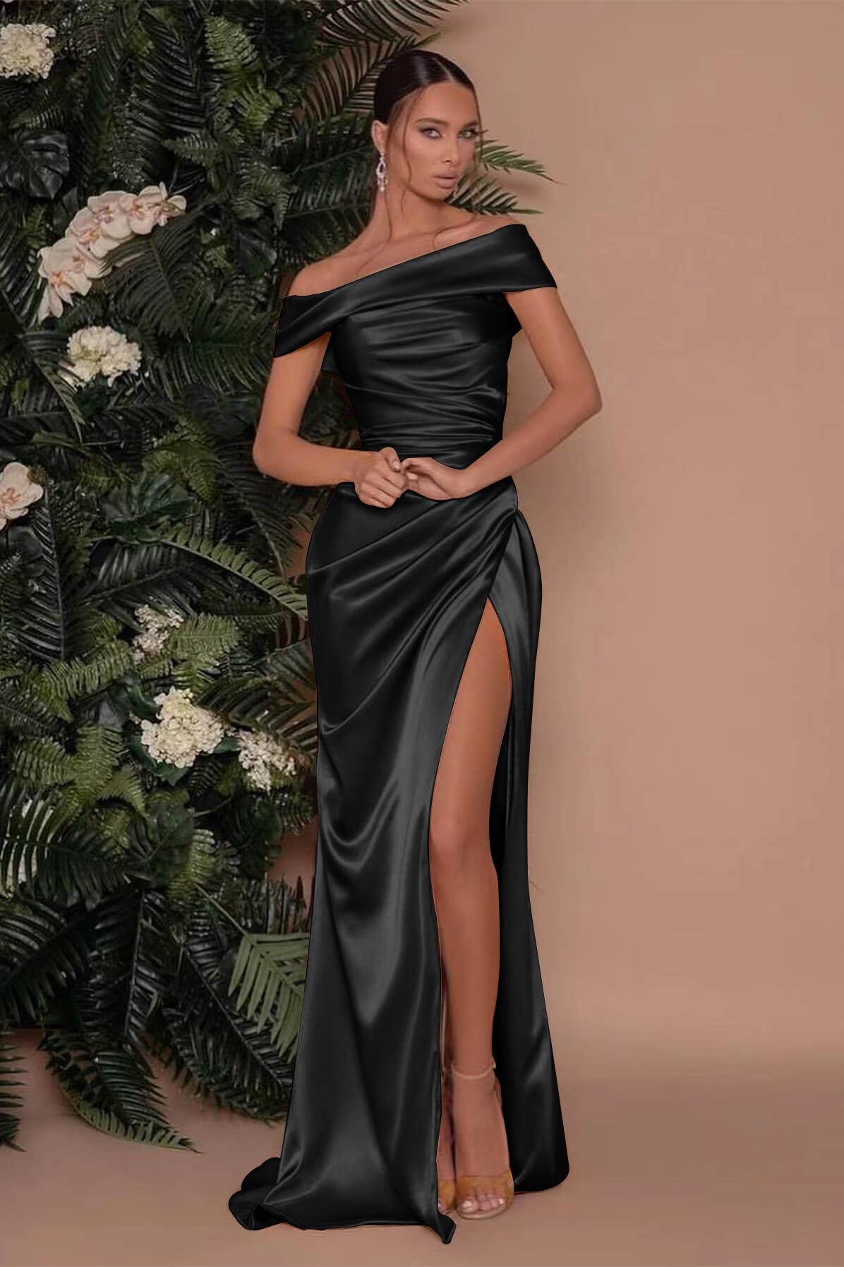 Champagne Off The Shoulder Prom Dress Charmeuse Slit Mermaid