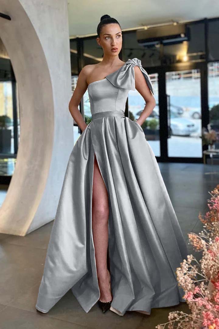 Gold Slit One-Shoulder Prom Dress With Pockets