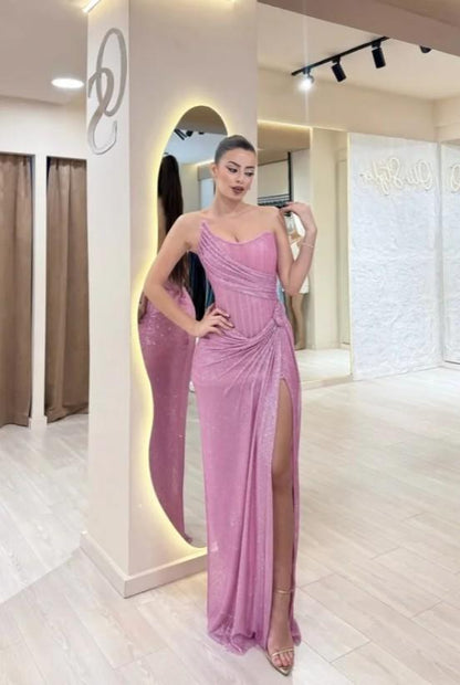 Stunning Purple Strapless Sequins Pleated Sleeveless Prom Dress with Split