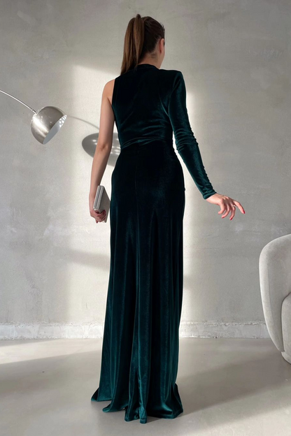 Charming Black Velvet One Shoulder Long Sleeves Long Prom Dress with High Split