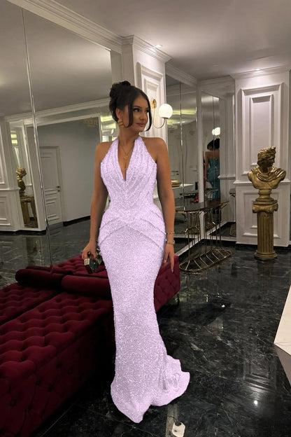 Sleeveless Halter Straps Deep V-Neck Beads Mermaid Prom Dress With Pleated