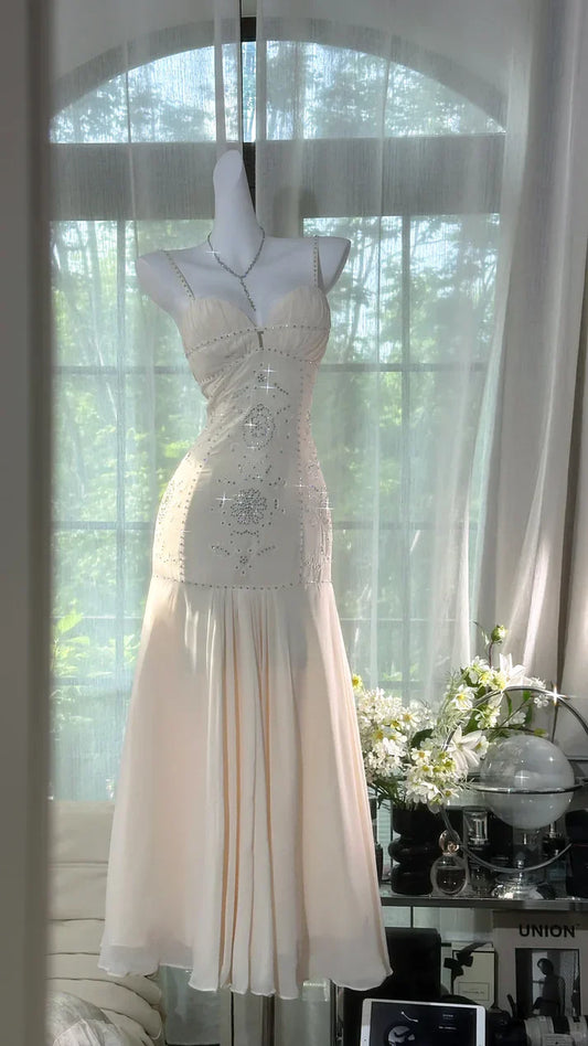 Ivory Mermaid Spaghetti Straps Rhinestone Chiffon Prom Dress Formal Dress Party Dress SH4023