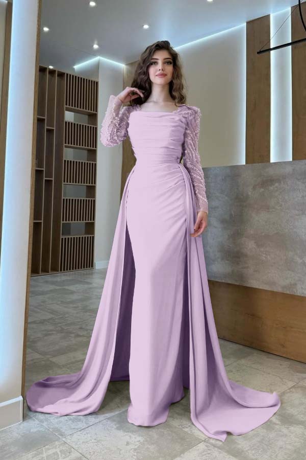 Gentle Beaded Long Sleeves Prom Dress With Detachable Trail