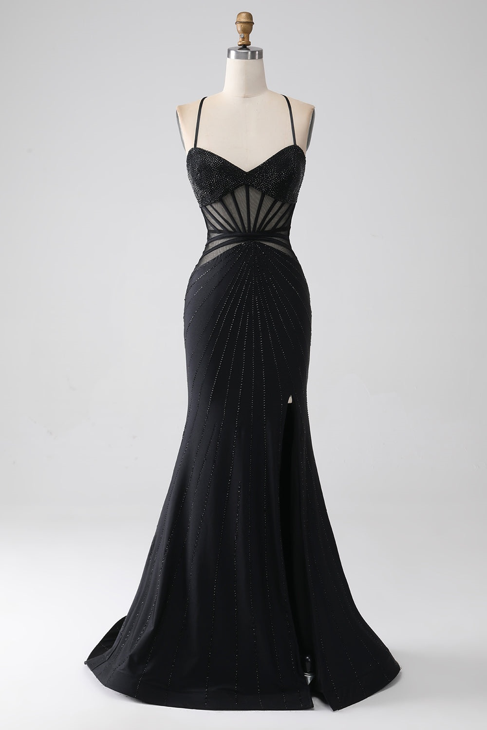 Black Sleeveless Spaghetti Straps Sweethearts Prom Dress With Beads