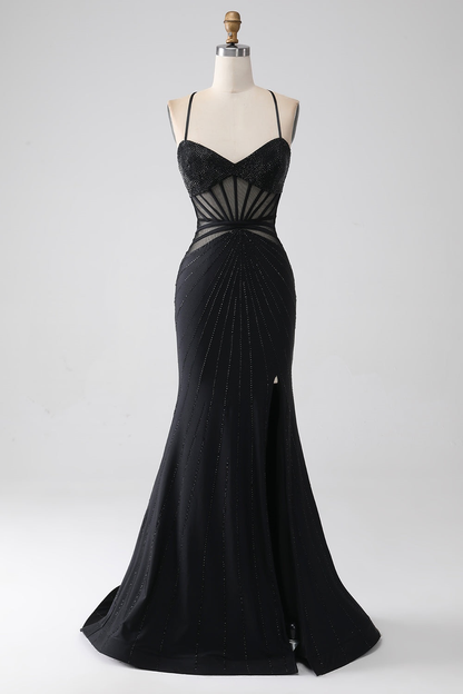 Black Sleeveless Spaghetti Straps Sweethearts Prom Dress With Beads
