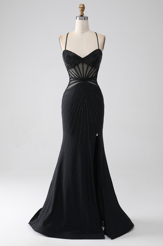 Black Sleeveless Spaghetti Straps Sweethearts Prom Dress With Beads