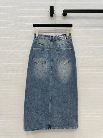 CC 25 Embroidered Midi Skirt Blue Denim Cotton