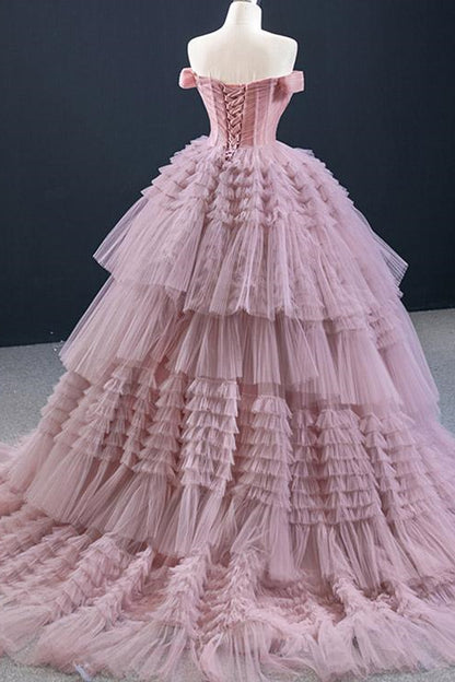 Lotus Ball Grown Prom Dress Tulle Layered With Off-The-Shoulder Strapless On Sale