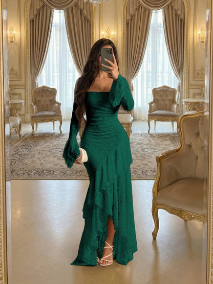 Elegant Cream Square Long Sleeves Ruffles Lace Evening Dress
