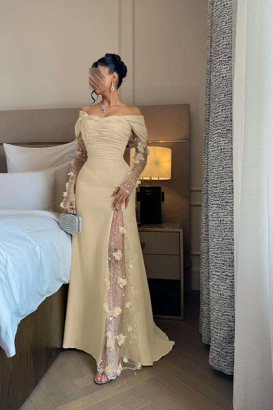 Chic Daffodil Satin Long Sleeves Off the Shoulder Pleated Prom Dress with Sequins