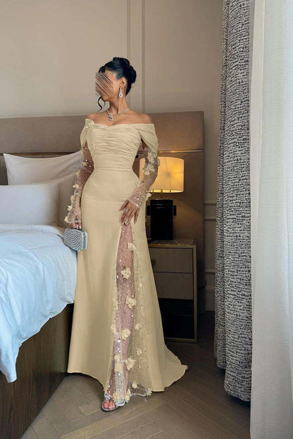Chic Daffodil Satin Long Sleeves Off the Shoulder Pleated Prom Dress with Sequins