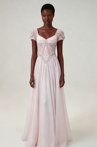 Stunning Blushing Pink Chiffon Sleeveless Long Evening Dress With Sequins