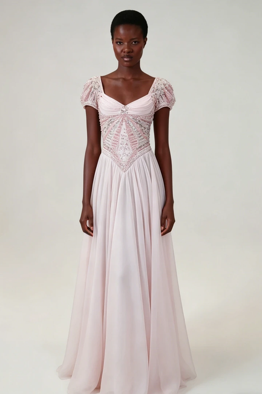 Stunning Blushing Pink Chiffon Sleeveless Long Evening Dress With Sequins