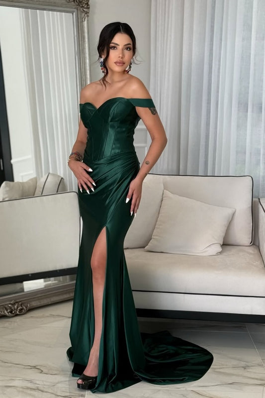 Green Off-the-Shoulder Long Prom Dress with Slit