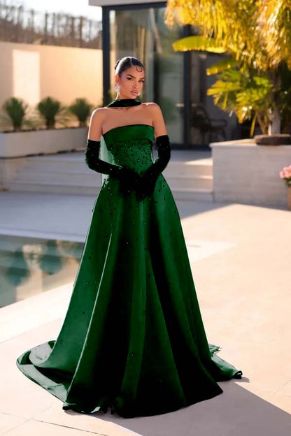 Sleeveless Strapless Long Evening Dress With Appliques Gloves