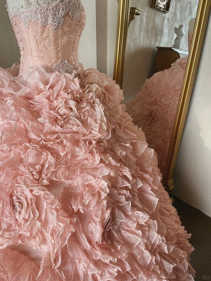 Pink Rose Flower Sweetheart Neck Ball Gown Lace Organza Prom Dress Birthday Dress SH3635