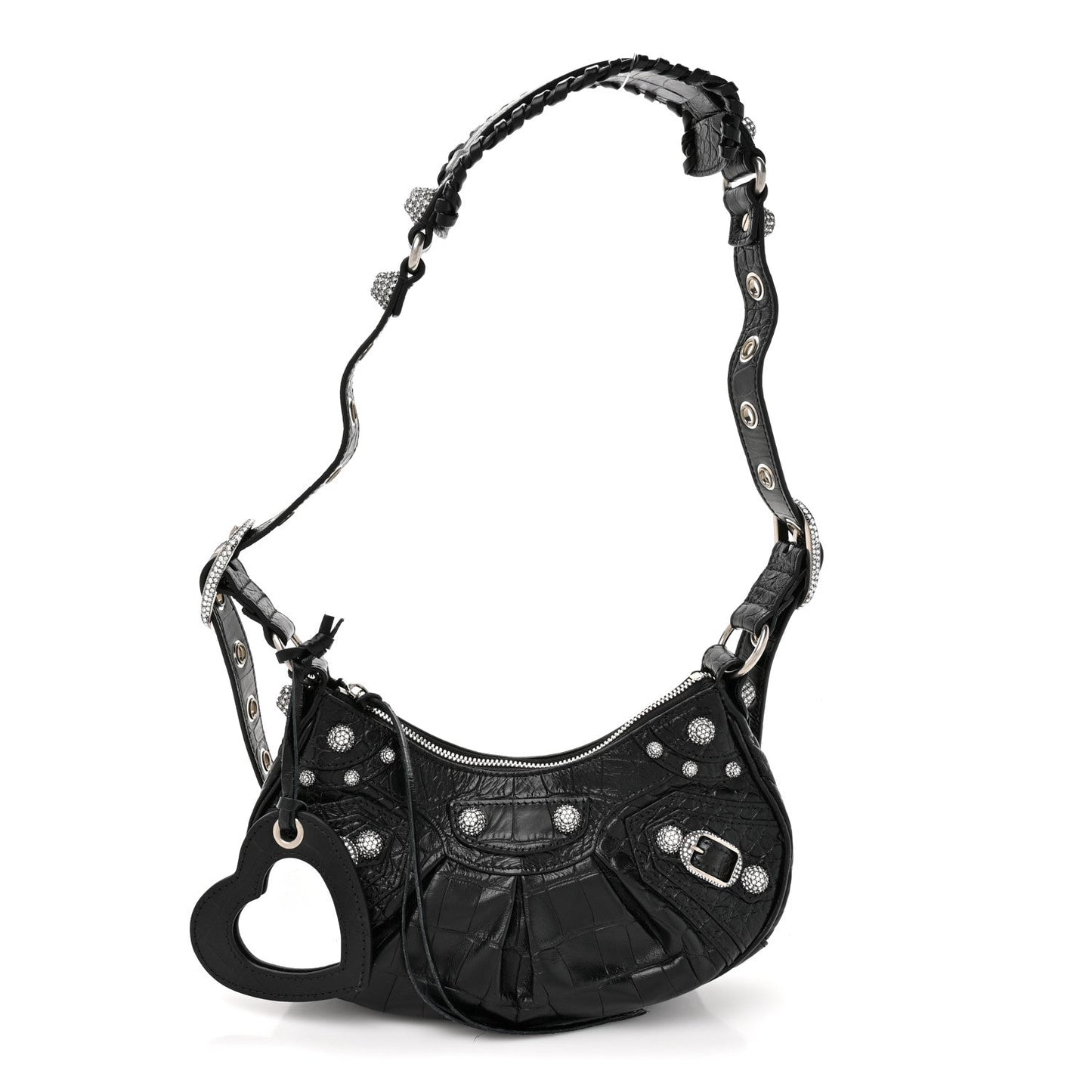 Extra Supple Calfskin Crystal Crocodile Embossed Le Cagole Shoulder Bag XS Black