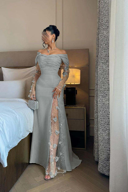 Chic Daffodil Satin Long Sleeves Off the Shoulder Pleated Prom Dress with Sequins