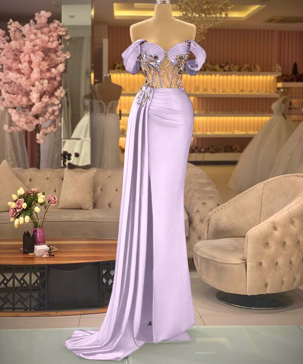 Elegant Off-the-shoulder Royal Blue Beaded Sleeveless Prom Dress with Split