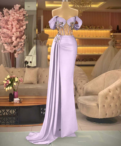 Elegant Off-the-shoulder Royal Blue Beaded Sleeveless Prom Dress with Split