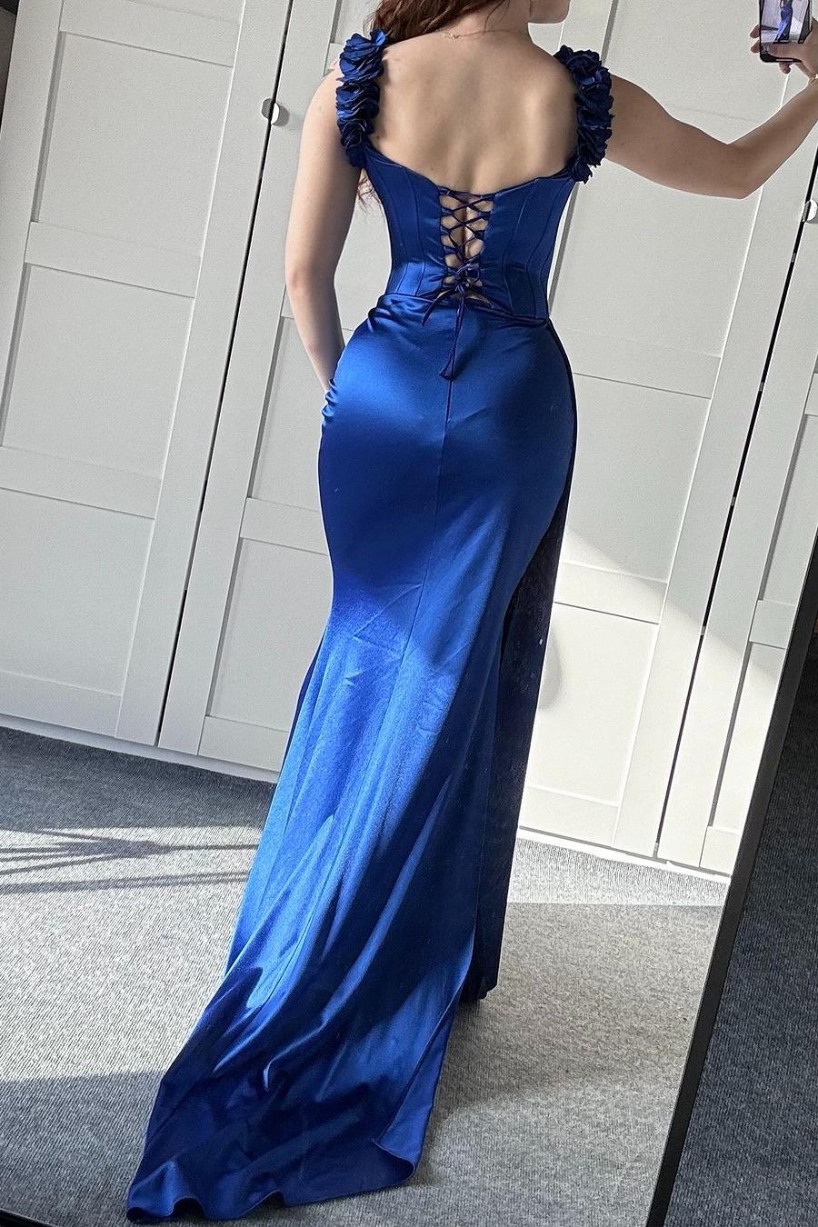 Stunning Royal Blue Satin Off the Shoulder Sleeveless Long Prom Dress with Pleated