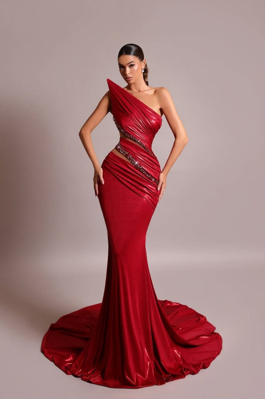 Red Strapless Long Prom Dress Mermaid Sleeveless with Sequins
