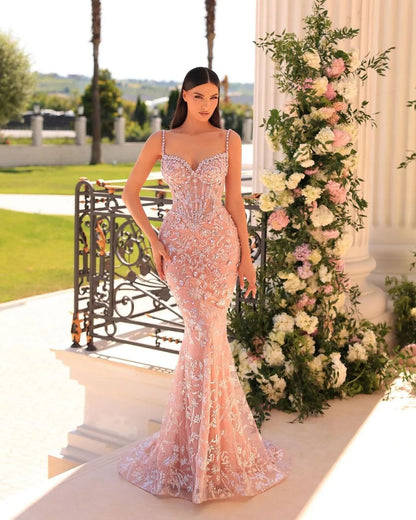 Sleeveless Spaghetti Straps Sweetheart Mermaid Beads Prom Dress