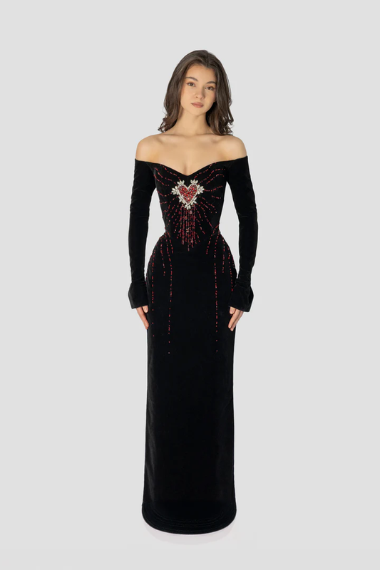 Enchanting Black Velvet Long Sleeves Strapless Evening Dress with Rhinestone