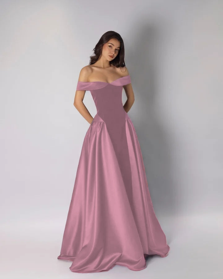 Classic Dark Purple Off-The-Shoulder Pleated A-Line Evening Dress