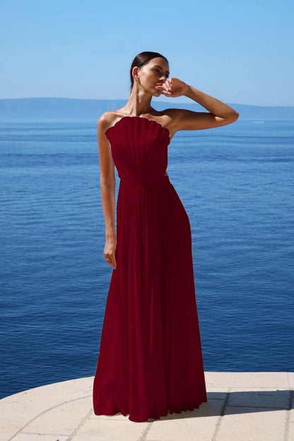 Simple White Sleeveless Strapless Long Prom Dress With Pleated