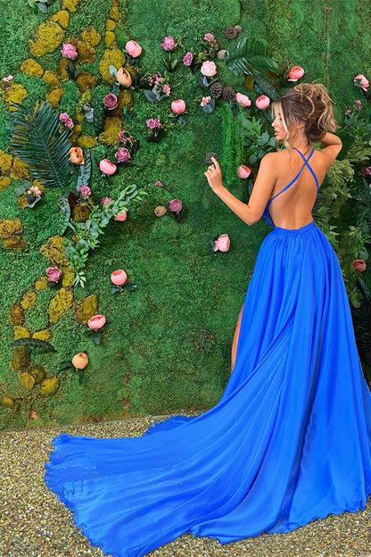 Sleeveless Royal Blue Prom Dress With Slit