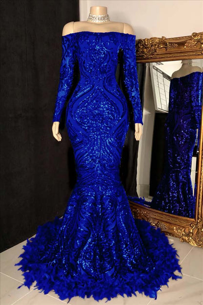 Long Sleeves Mermaid Prom Dress Sequins Burgundy With Feather