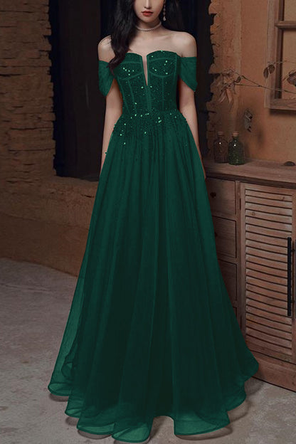Wine Red Off-The-Shoulder Evening Dress With Sequins Beads