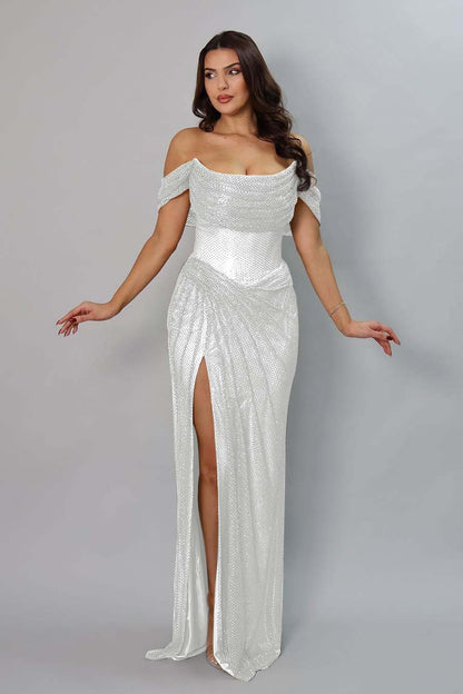Amazing Gold Off the Shoulder Strapless Long Split Prom Dress with Pleated