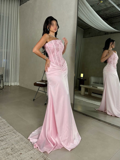 Sleeveless Square Mermaid Strapless Beads Prom Dress