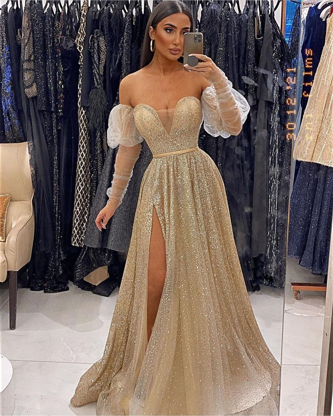 V-Neck Sequins Evening Champagne Front Split Prom Dress With Long Sleeves