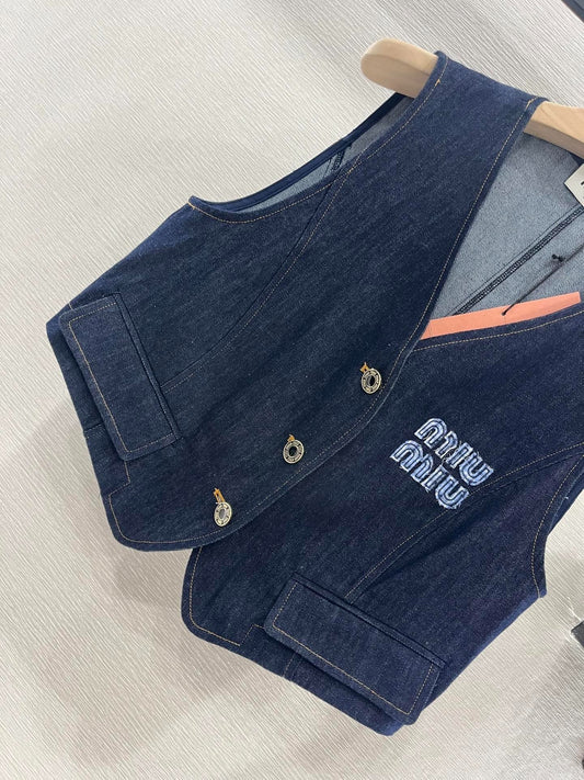 MIUMIU V-NECK BLAZER AND WIDE-LEG PANTS IN BLUE DENIM