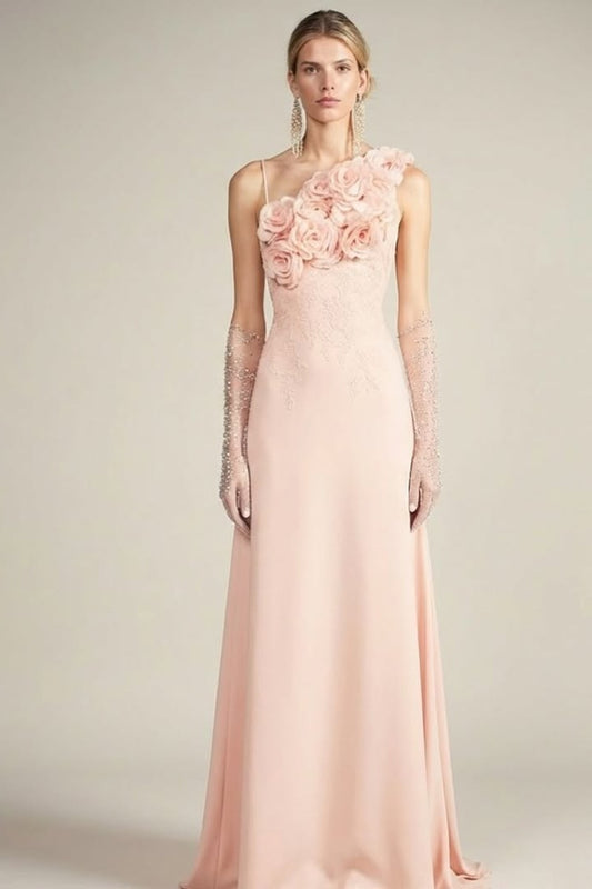 Elegant SleevelessOne Shoulder Appliques Embroidery Evening Dress With Gloves