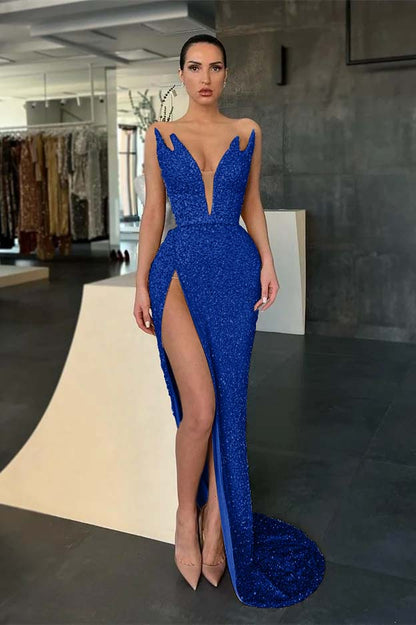 Sleeveless V-Neck Evening Dress Sequins Mermaid With Slit