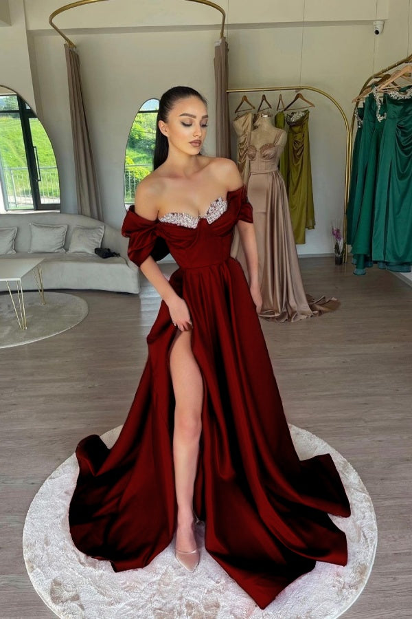 Elegant Fuchsia Off-The-Shoulder Beaded Sweetheart Prom Dress With Split