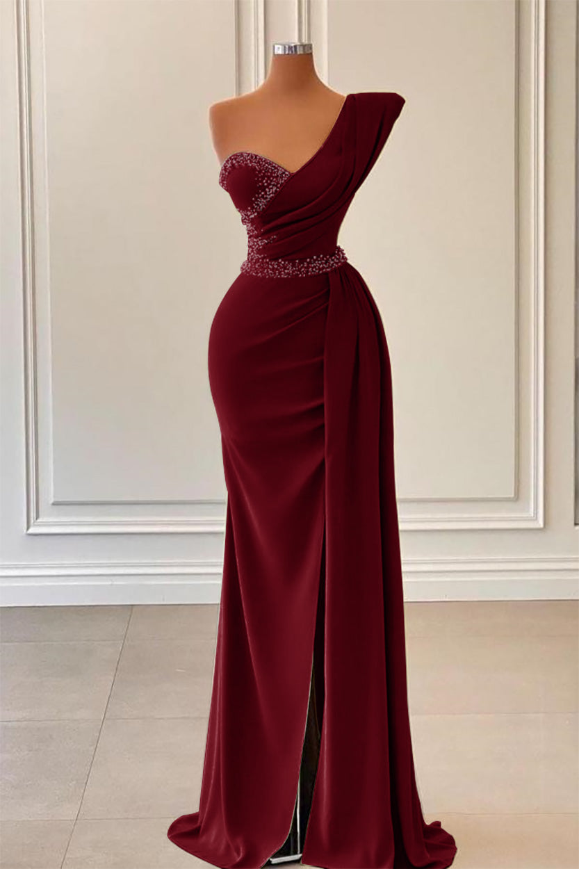 Sage Mermaid One-Shoulder Prom Dress Slit With Beadings