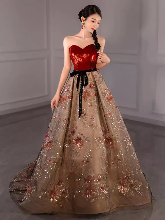 Ball Gown Strapless Burgundy Sequin Long Evening Dress Prom Dress  fg8580