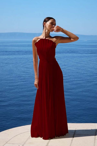 Simple White Sleeveless Strapless Long Prom Dress With Pleated