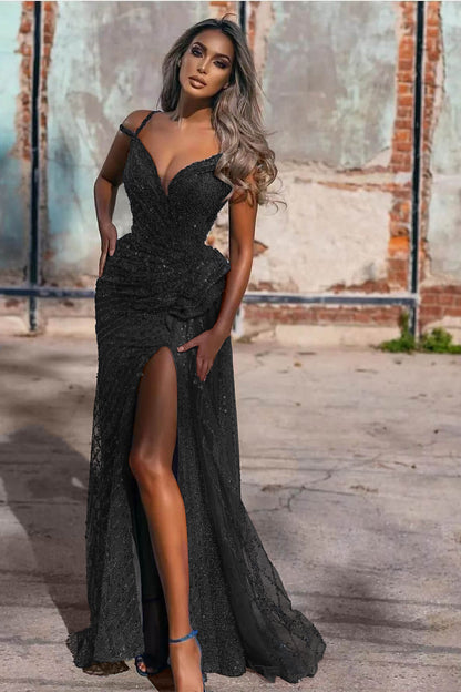 Royal Blue Off-The-Shoulder Evening Dress Split Mermaid Sequins