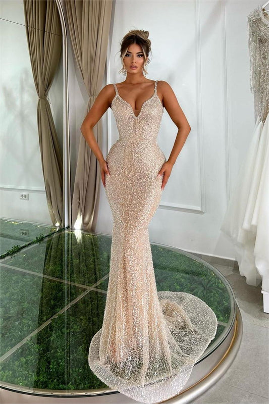 Gorgeous Champaign Gold Spaghetti Strap Sleeveless Mermaid Long Prom Dress with Beadings