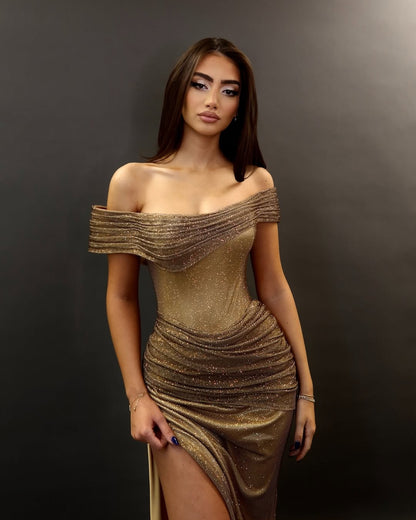 Gold Sleeveless Strapless Off-Shoulders Mermaid Sequins Prom Dress