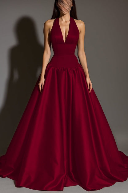 Sexy Sleeveless Halter Straps A-Line Deep V-Neck Long Prom Dress