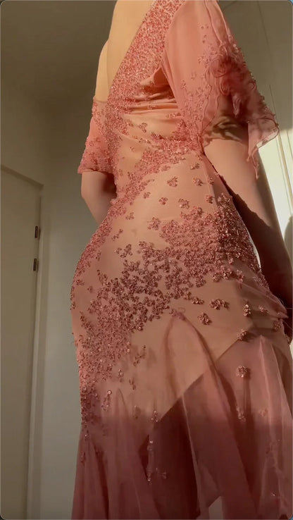 Elegant A Line V Neck Beaded Ruffle Chiffon Prom Dress Evening Dress SH2247