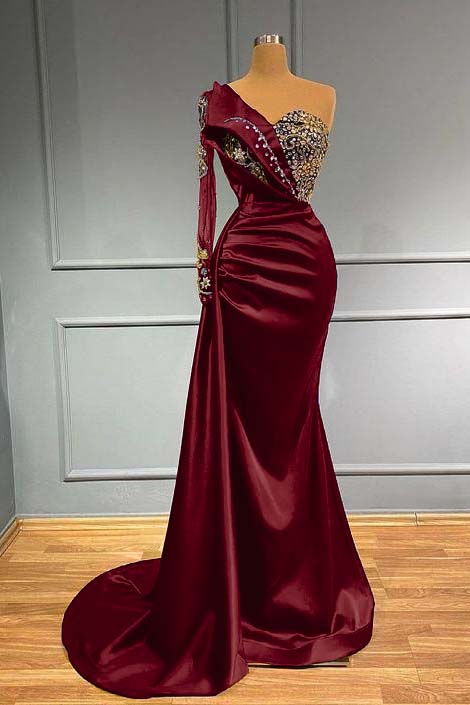 Dark Blue Long Sleeve One Shoulder Mermaid Prom Dress With beads